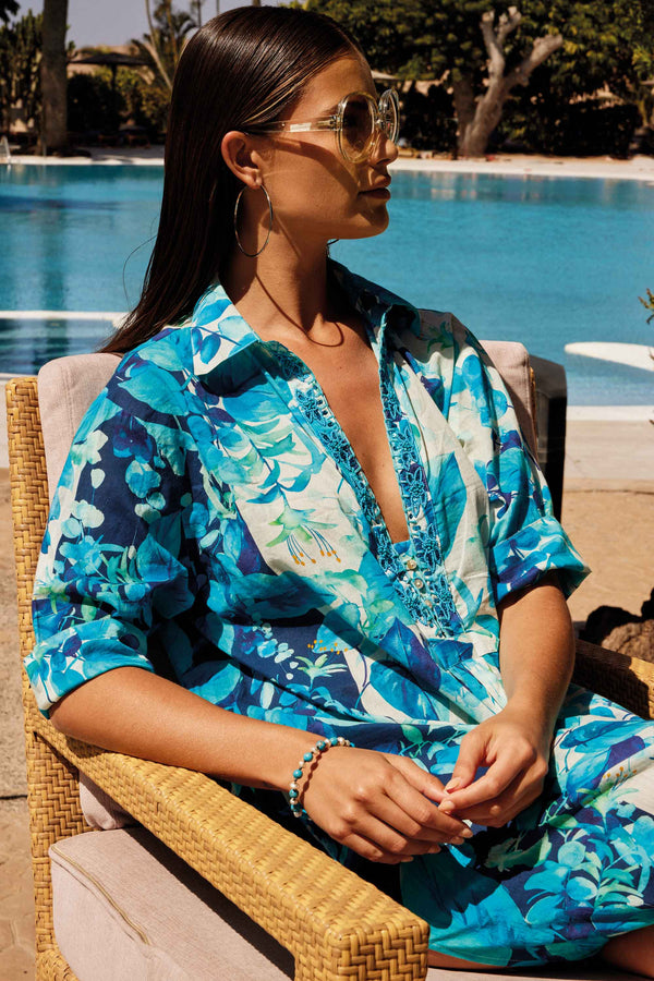 TURQUOISE FLOWER SHIRT DRESS