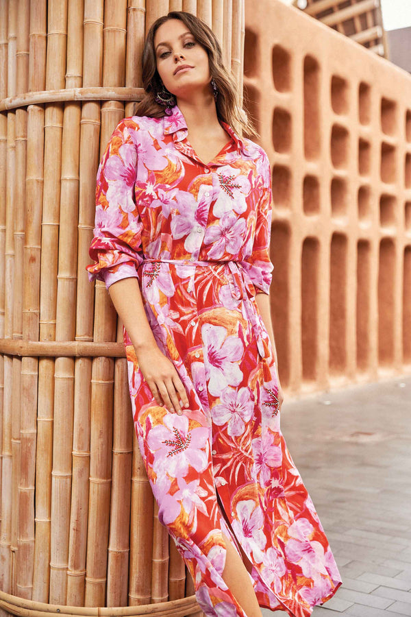 LONG FLOWER SHIRT DRESS